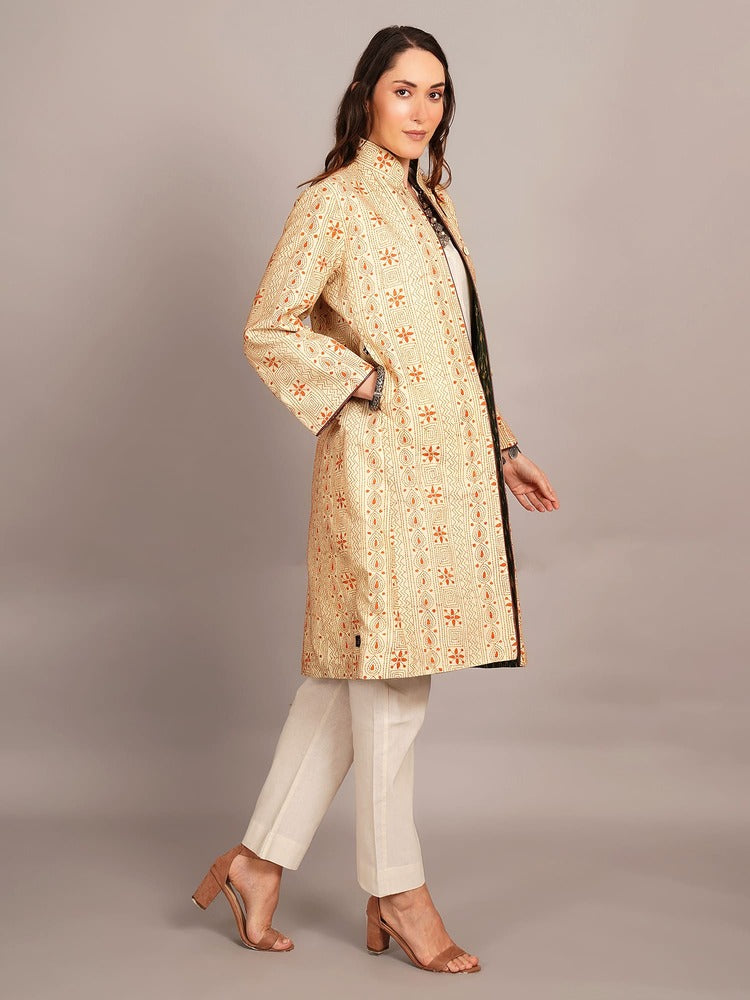 Off White Kantha & Green Ikkat Cotton Jacket