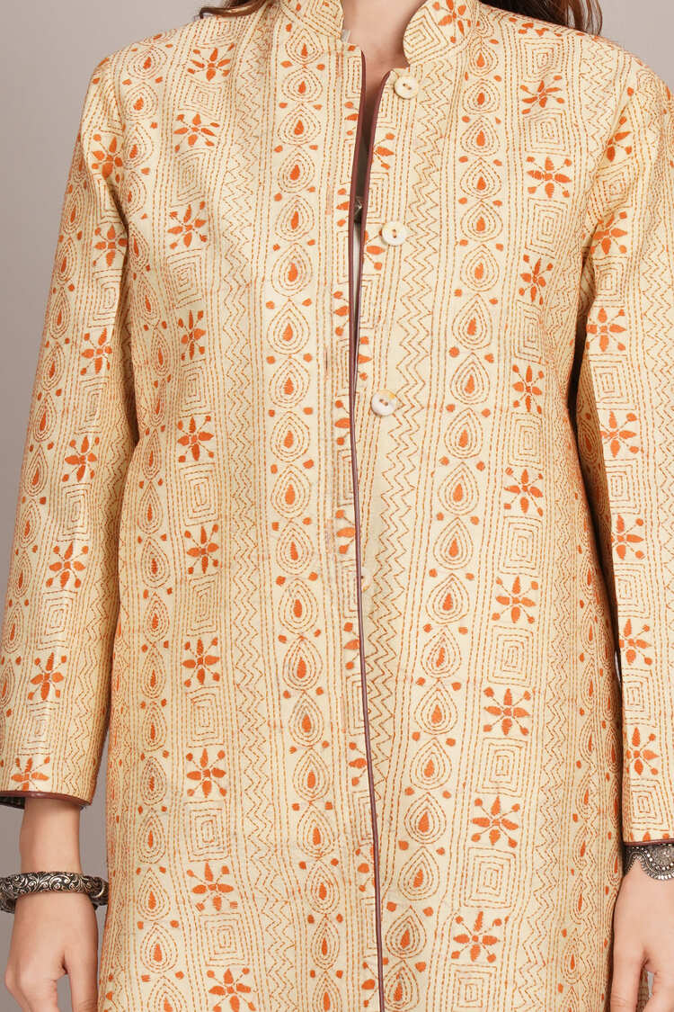 Off White Kantha & Green Ikkat Cotton Jacket