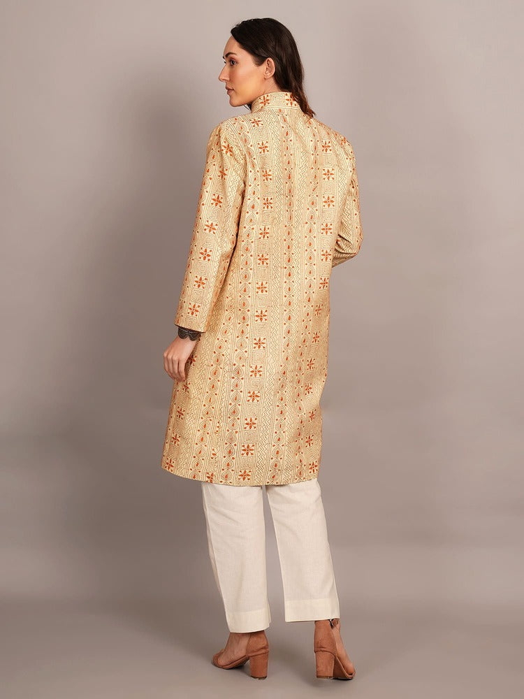 Off White Kantha & Green Ikkat Cotton Jacket