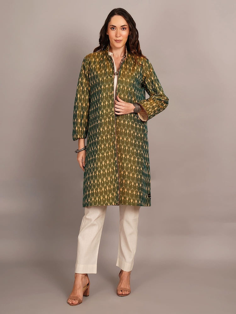 Off White Kantha & Green Ikkat Cotton Jacket