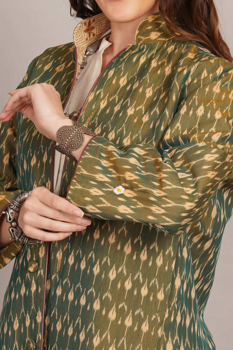 Off White Kantha & Green Ikkat Cotton Jacket