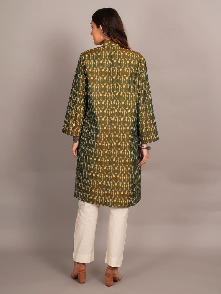 Off White Kantha & Green Ikkat Cotton Jacket