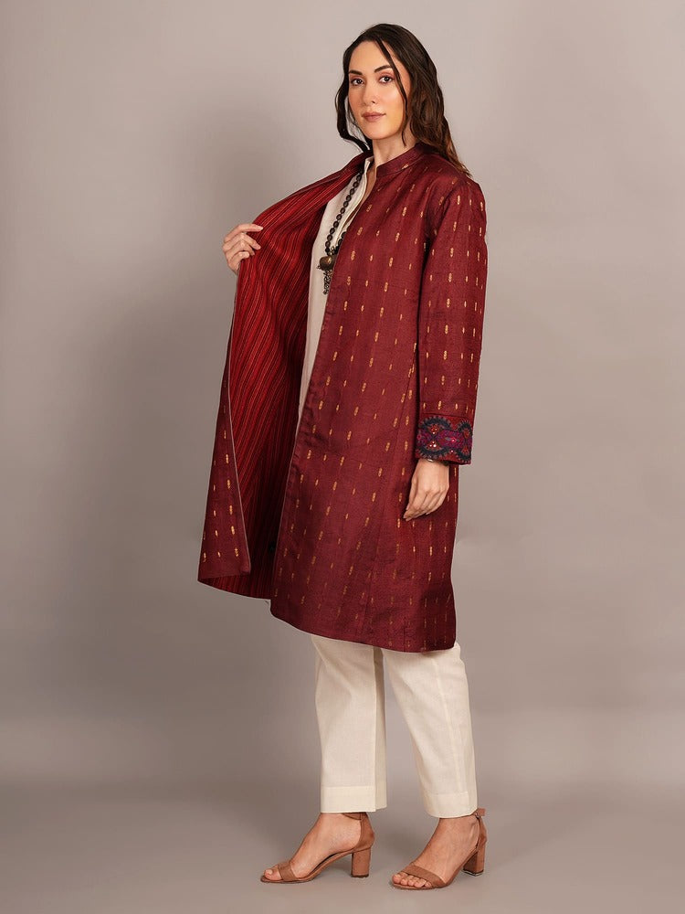 Maroon Tussar & Woollen Jacket