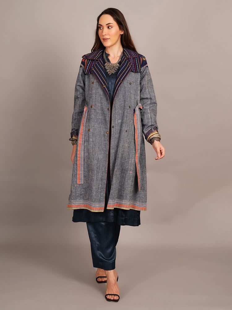Blue Bhujodi & Ikkat Cotton Trenchcoat