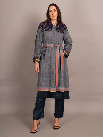 Blue Bhujodi & Ikkat Cotton Trenchcoat