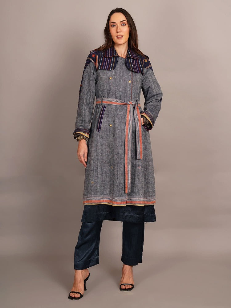 Blue Bhujodi & Ikkat Cotton Trenchcoat