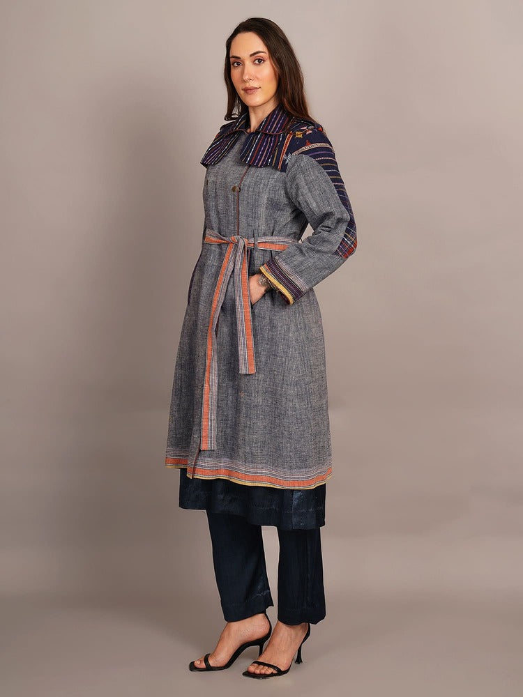 Blue Bhujodi & Ikkat Cotton Trenchcoat