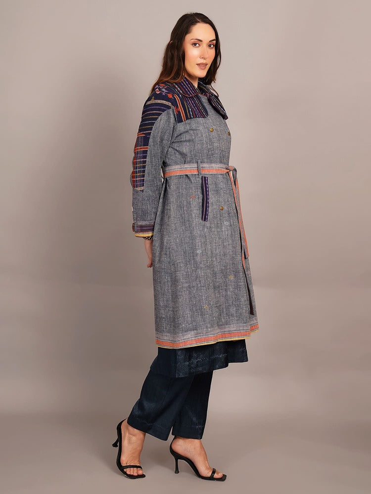 Blue Bhujodi & Ikkat Cotton Trenchcoat
