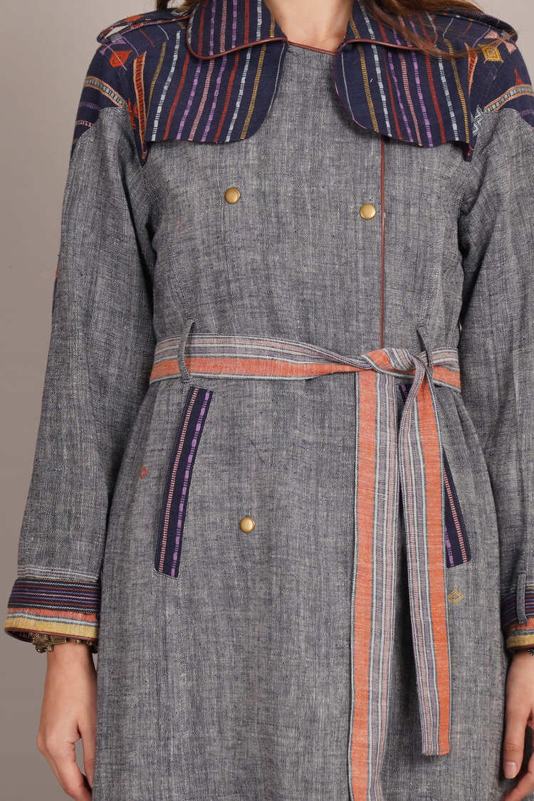 Blue Bhujodi & Ikkat Cotton Trenchcoat