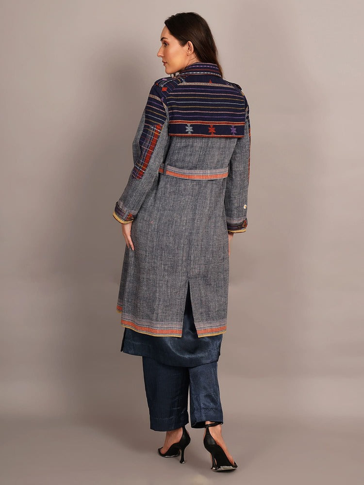 Blue Bhujodi & Ikkat Cotton Trenchcoat