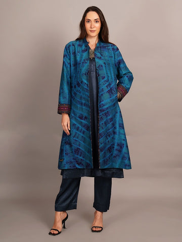 Blue Shibori & Purple Ikkat Cotton Embroidered Jacket
