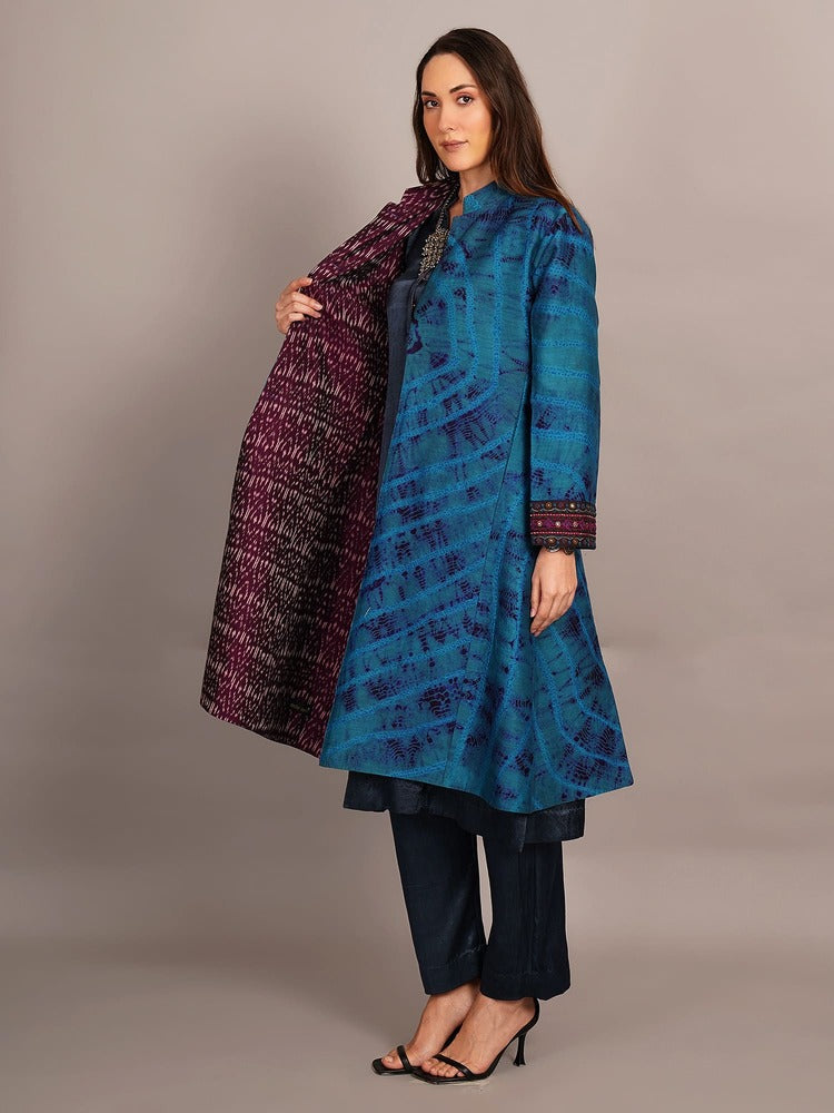 Blue Shibori & Purple Ikkat Cotton Embroidered Jacket