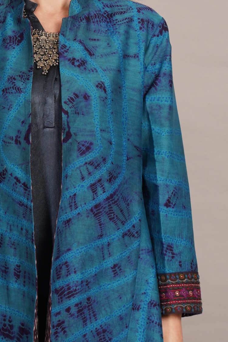 Blue Shibori & Purple Ikkat Cotton Embroidered Jacket