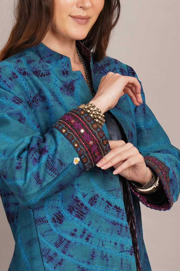 Blue Shibori & Purple Ikkat Cotton Embroidered Jacket