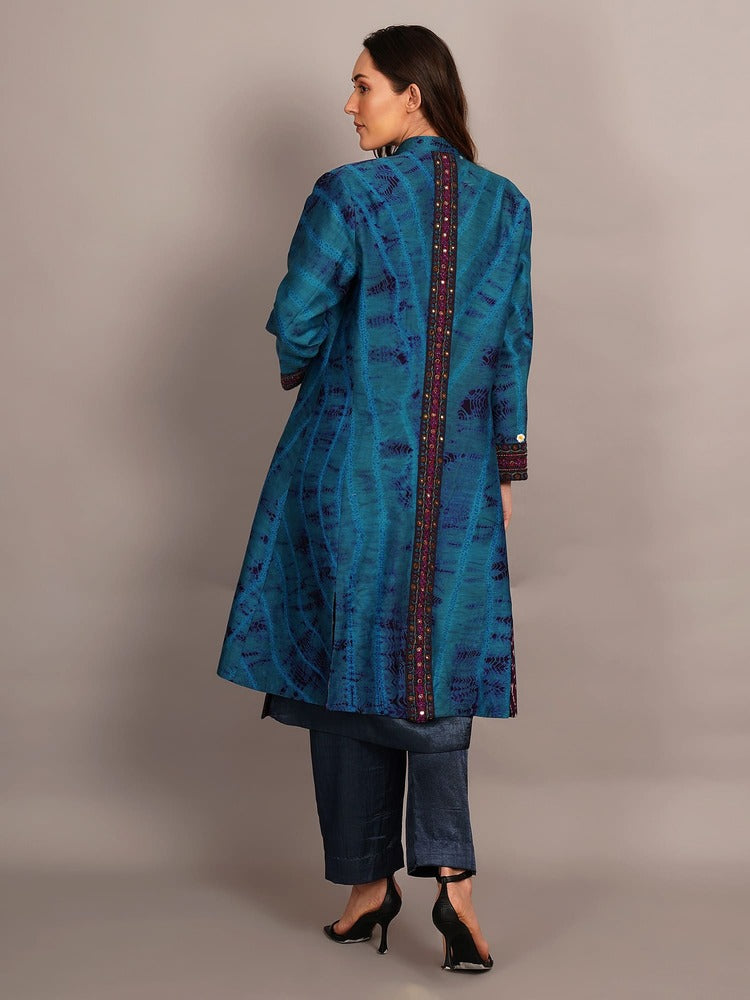 Blue Shibori & Purple Ikkat Cotton Embroidered Jacket