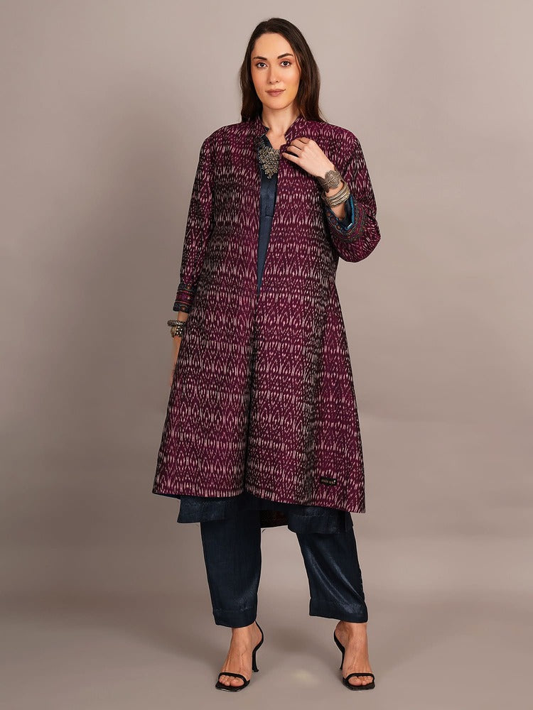 Blue Shibori & Purple Ikkat Cotton Embroidered Jacket