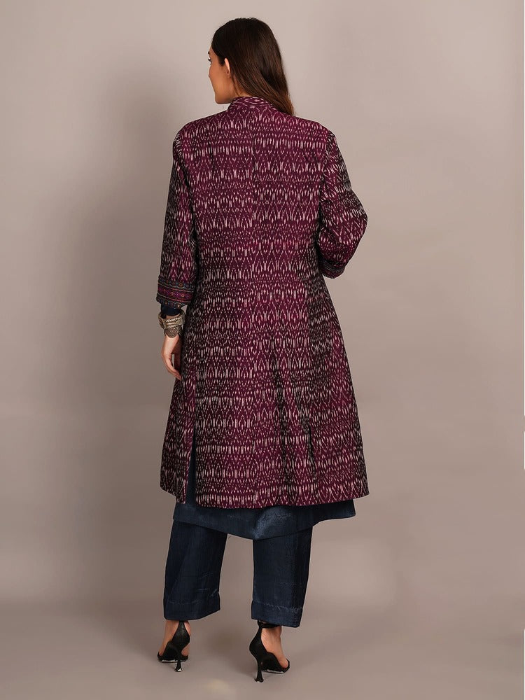 Blue Shibori & Purple Ikkat Cotton Embroidered Jacket