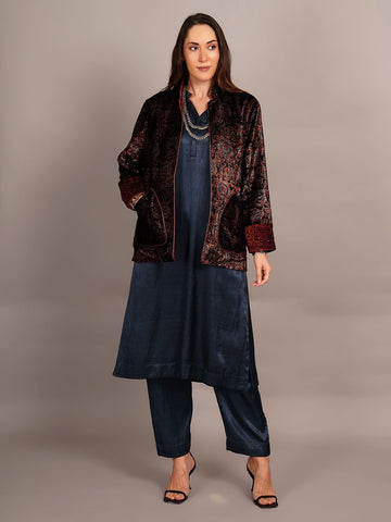 Black Ajrakh Velvet & Rawsilk Ikkat Embroidered Jacket