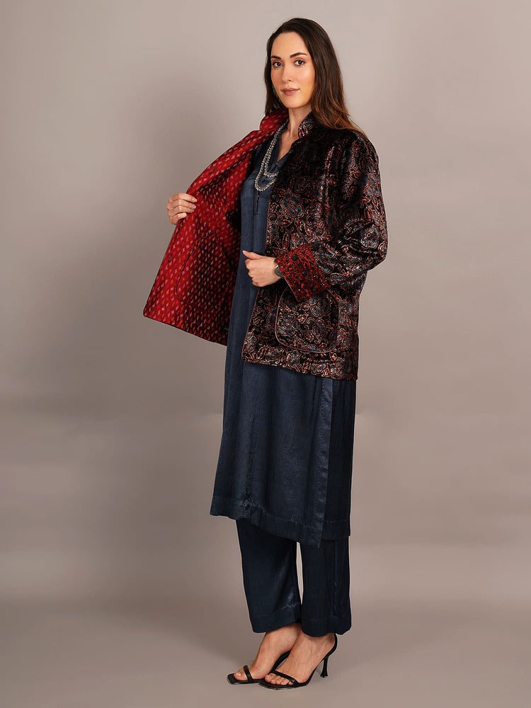 Black Ajrakh Velvet & Rawsilk Ikkat Embroidered Jacket