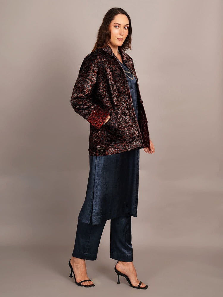 Black Ajrakh Velvet & Rawsilk Ikkat Embroidered Jacket