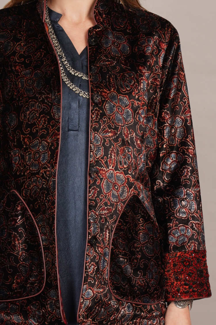 Black Ajrakh Velvet & Rawsilk Ikkat Embroidered Jacket