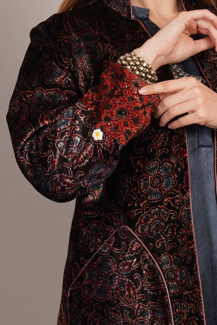Black Ajrakh Velvet & Rawsilk Ikkat Embroidered Jacket