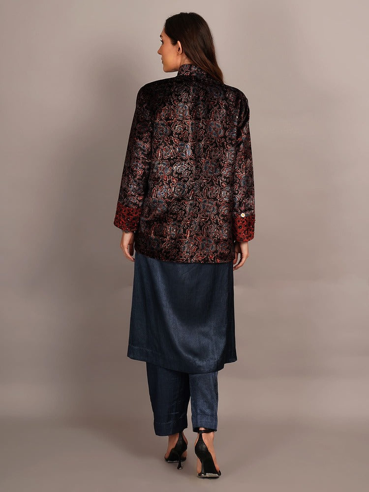 Black Ajrakh Velvet & Rawsilk Ikkat Embroidered Jacket