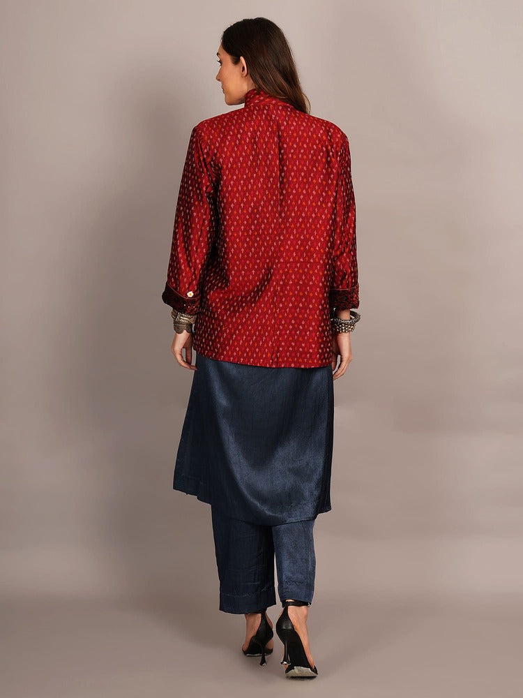 Black Ajrakh Velvet & Rawsilk Ikkat Embroidered Jacket