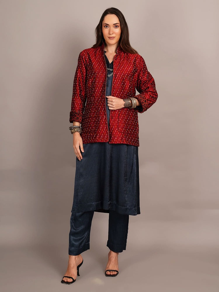 Black Ajrakh Velvet & Rawsilk Ikkat Embroidered Jacket