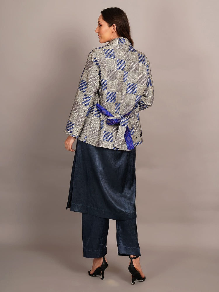 Blue White Kantha & Blue Ikkat Rawsilk Ikkat Jacket