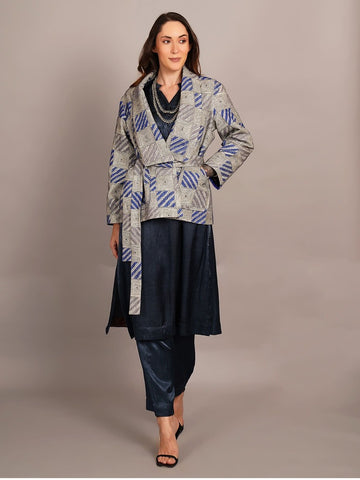 Blue White Kantha & Blue Ikkat Rawsilk Ikkat Jacket