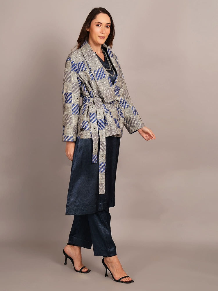 Blue White Kantha & Blue Ikkat Rawsilk Ikkat Jacket