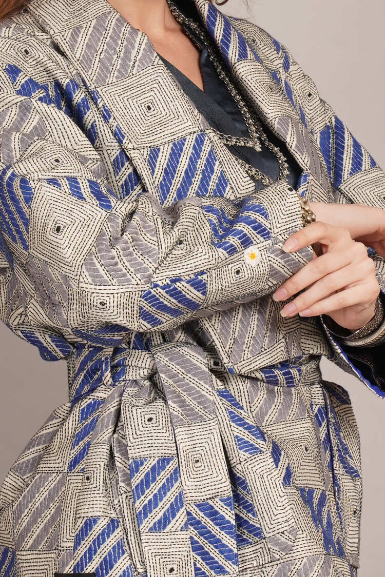 Blue White Kantha & Blue Ikkat Rawsilk Ikkat Jacket