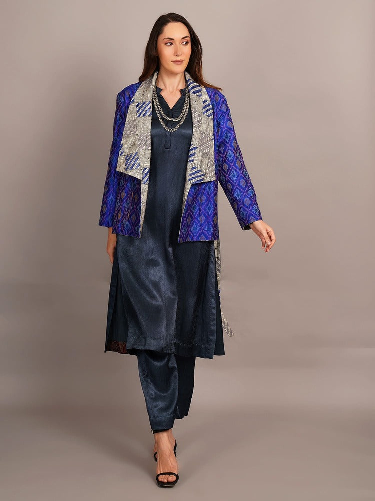 Blue White Kantha & Blue Ikkat Rawsilk Ikkat Jacket