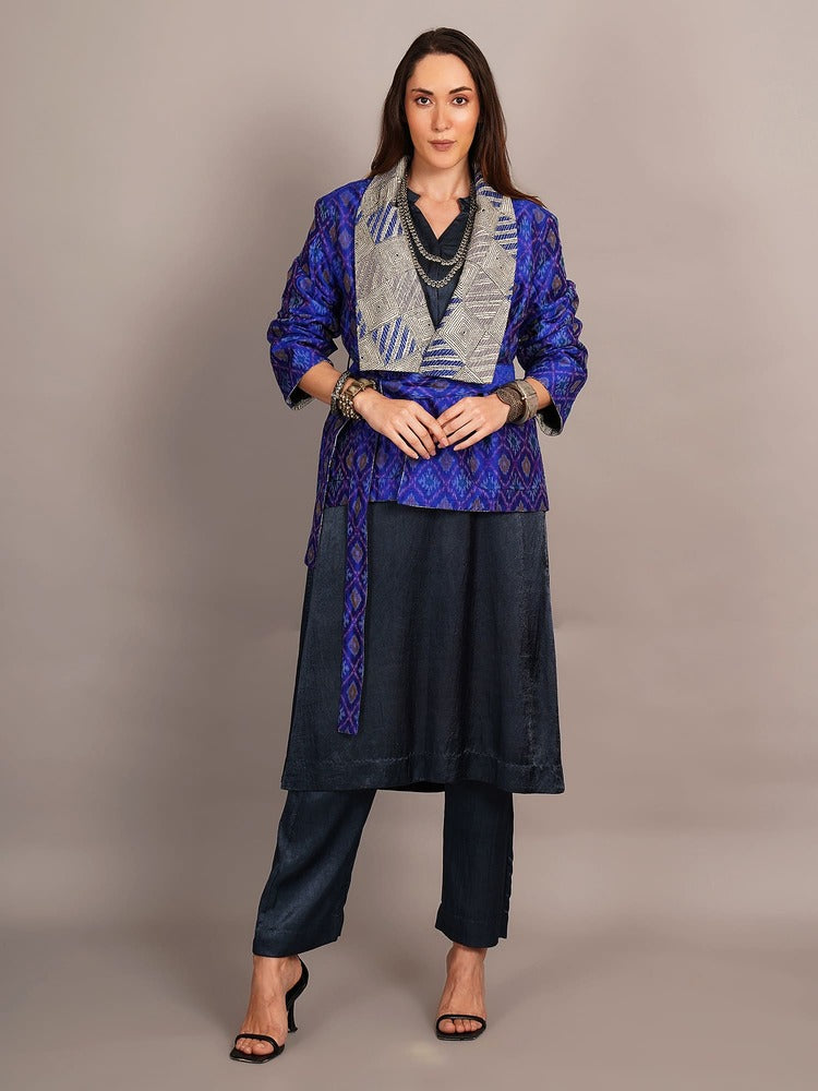 Blue White Kantha & Blue Ikkat Rawsilk Ikkat Jacket
