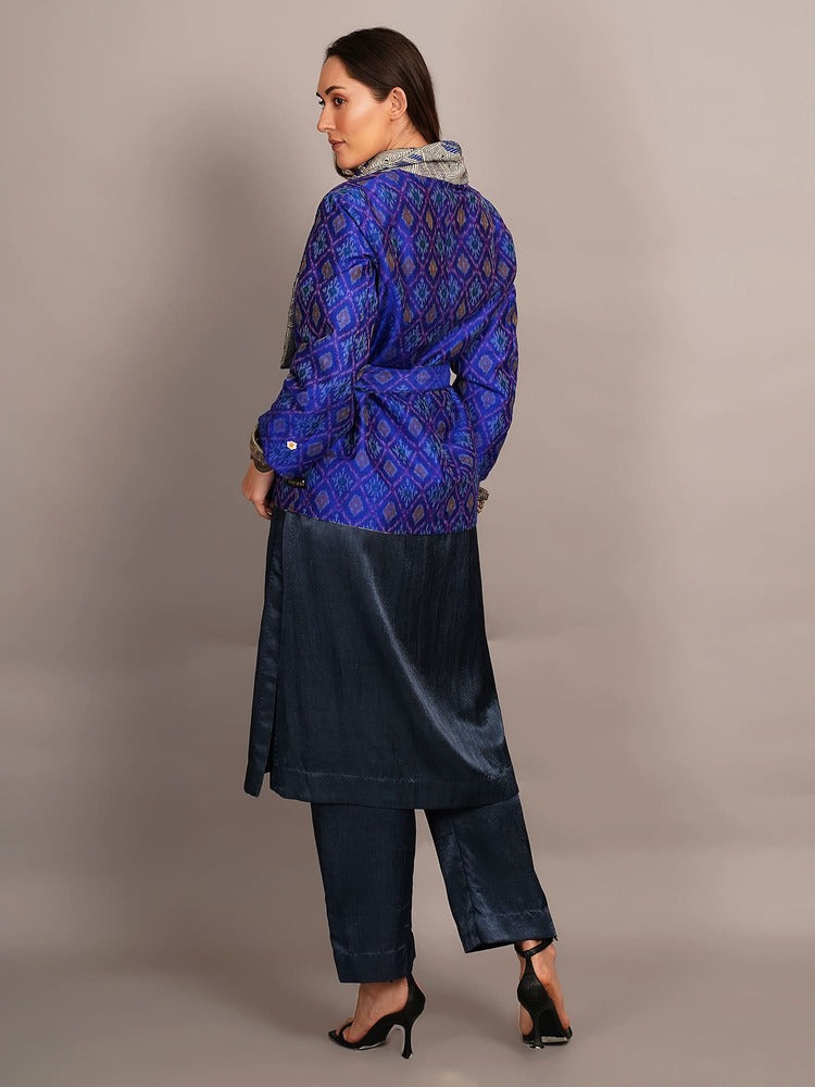 Blue White Kantha & Blue Ikkat Rawsilk Ikkat Jacket