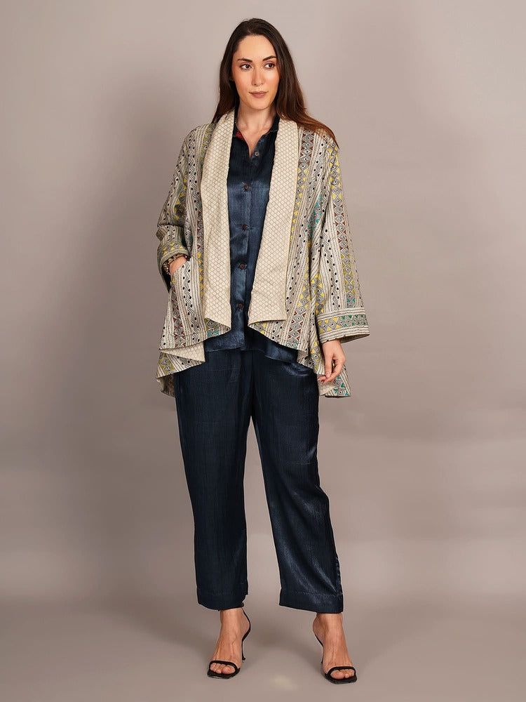 Off White Multicolour Kantha & White Chanderi Overlay
