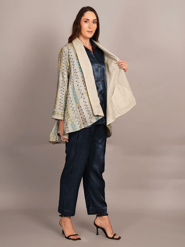 Off White Multicolour Kantha & White Chanderi Overlay