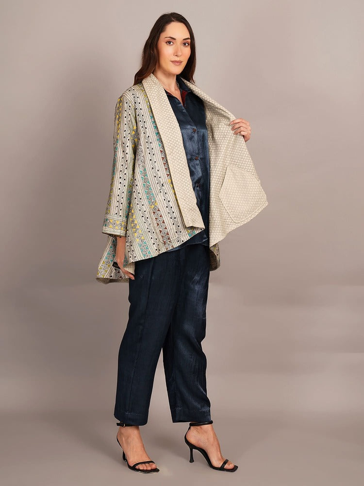 Off White Multicolour Kantha & White Chanderi Overlay