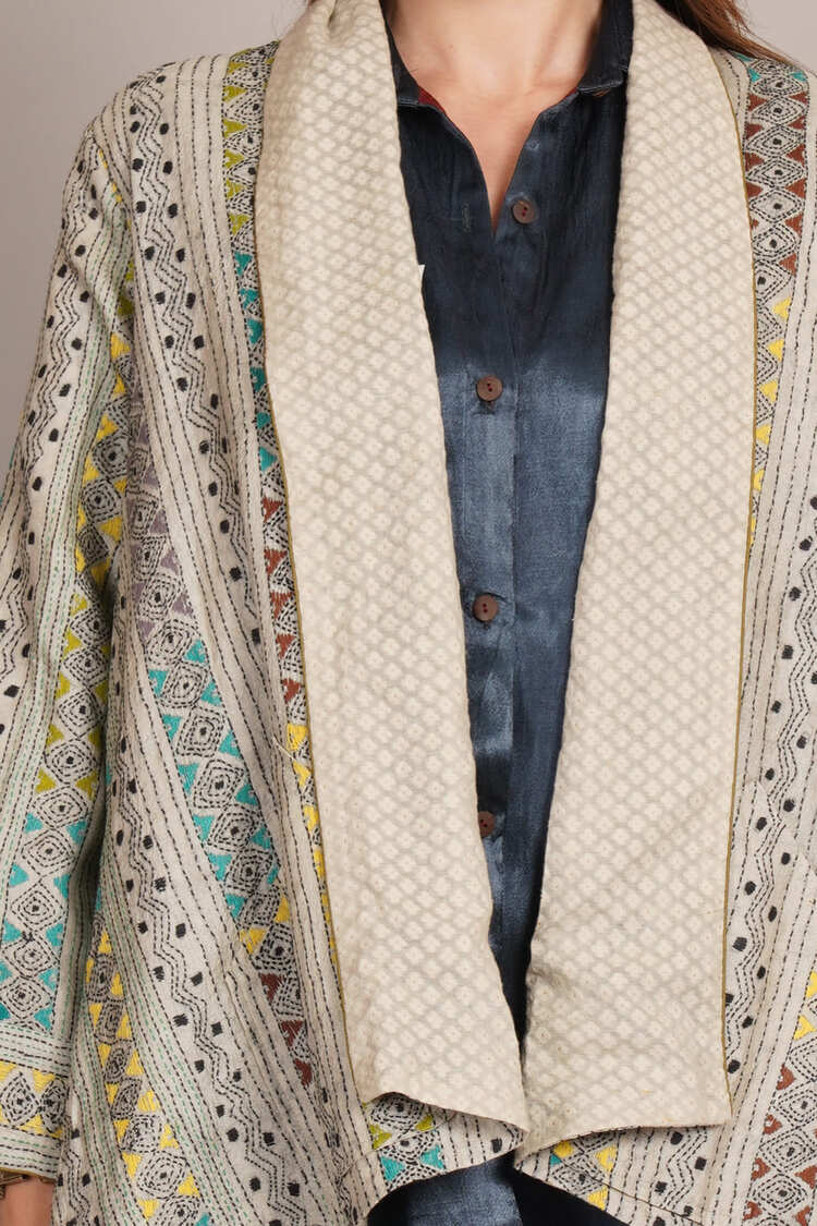 Off White Multicolour Kantha & White Chanderi Overlay