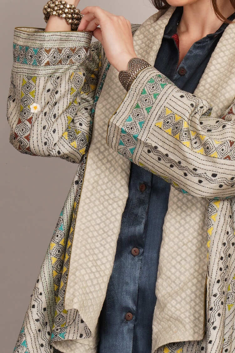 Off White Multicolour Kantha & White Chanderi Overlay