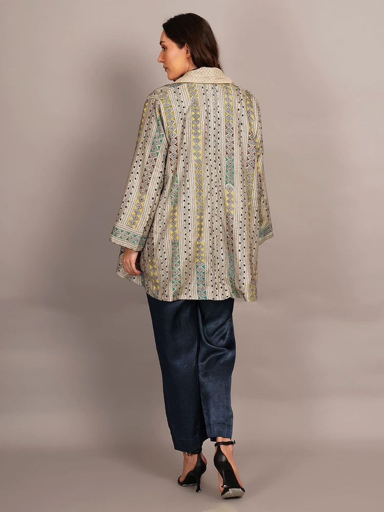 Off White Multicolour Kantha & White Chanderi Overlay