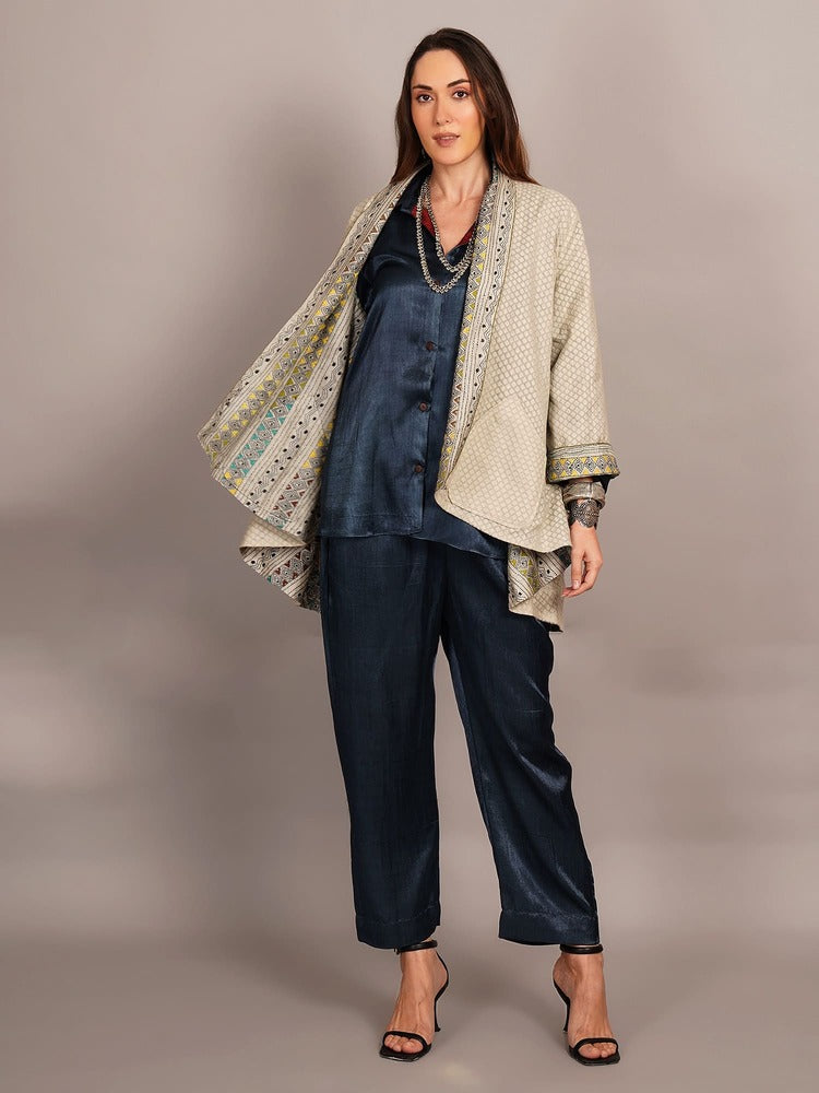 Off White Multicolour Kantha & White Chanderi Overlay