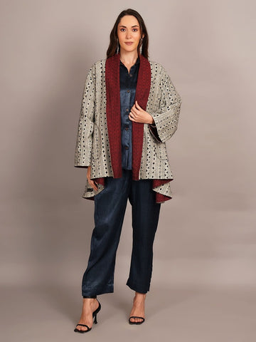 Off White Kantha & Red Cotton Ikkat Overlay