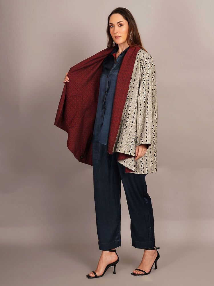 Off White Kantha & Red Cotton Ikkat Overlay