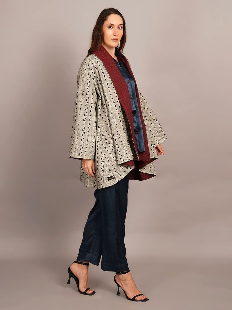 Off White Kantha & Red Cotton Ikkat Overlay