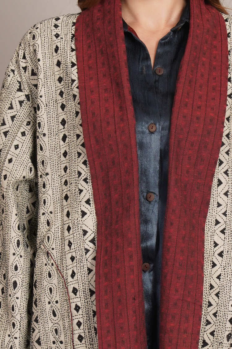 Off White Kantha & Red Cotton Ikkat Overlay