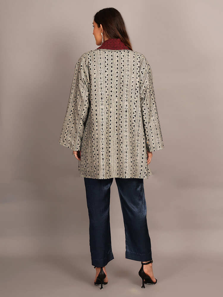 Off White Kantha & Red Cotton Ikkat Overlay