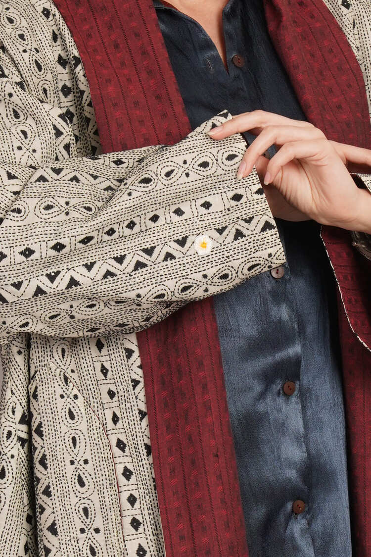 Off White Kantha & Red Cotton Ikkat Overlay