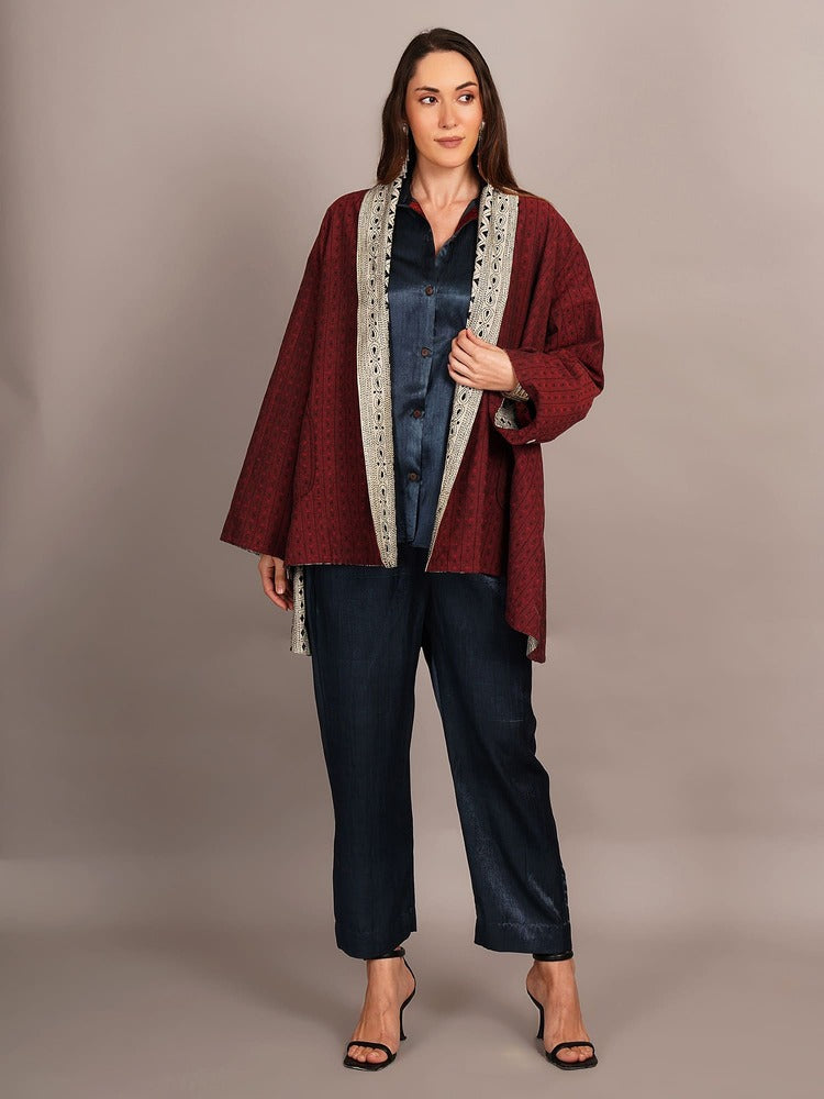 Off White Kantha & Red Cotton Ikkat Overlay